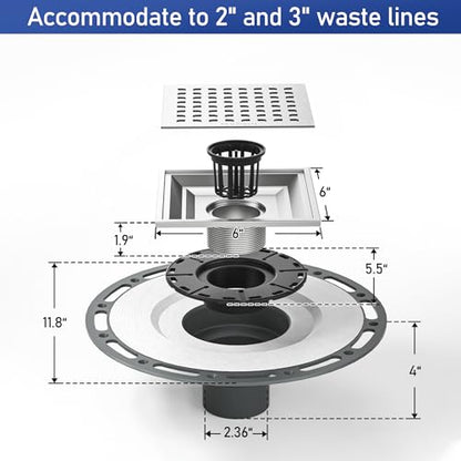Square Shower Drain w/PVC Bonding Flange Base, 6" Brushed | 304 Stainless Steel Drain w/ Drain Key for Low Profile Shower Tiles, CUPC Certified - color: Brushed6"