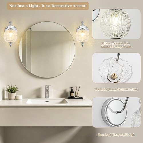 1 Piece Brushed Chrome Wall Sconce, 1-Light Mid Century Modern Brushed Chrome Finish Wall Sconce with Globe Glass Shade, Modern Light for Bathroom, Bedroom, Living Room,Powder Room - color: Chrome, size: 1 Light