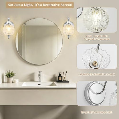 1 Piece Brushed Chrome Wall Sconce, 1-Light Mid Century Modern Brushed Chrome Finish Wall Sconce with Globe Glass Shade, Modern Light for Bathroom, Bedroom, Living Room,Powder Room - color: Chrome, size: 1 Light