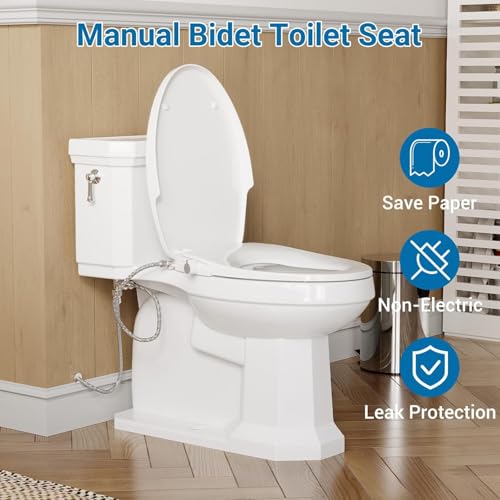 Elongated Bidet Toilet Seat Self Cleaning Dual Nozzles Toilet Seat with Soft Close Lid, Quiet-Close Design and Adjustable Water Spray, White Bidet Attachment Easy Installation