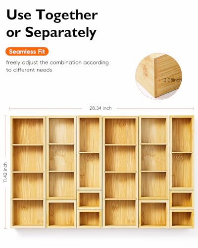 12-Piece Bamboo Drawer Organizer Set, 24 Compartments Modular Storage | Natural Bamboo, Flexible Modular Trays, Water-Resistant, Stackable Design, Adjustable, Excellent Organization, Easy to Clean - size: 24 Compartments