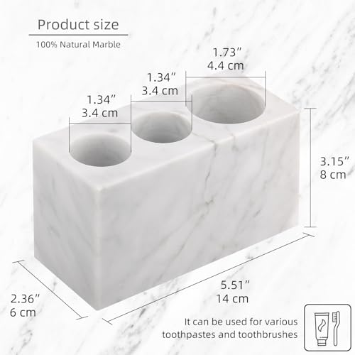 Natural Marble Toothbrush Holder, Carrara White, 3 Slots | Large Bathroom Organizer Countertop, Ventilation Design, Stone Toothbrush and Toothpaste Stand, Non-Slip Silicone Pads - color: Carrara White, size: 3 Slots