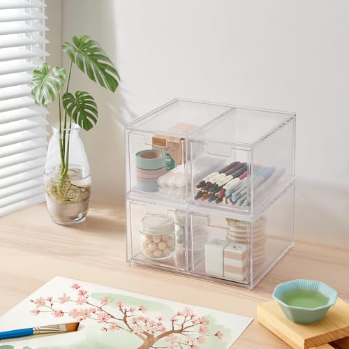 STORi Stackable Desk Organizer drawers, Clear Pen Pencil Makeup Brush drawers for Desktops and Vanities, 4 Tall Drawers (Made in USA) - style: 3.5"W x 3.5"H Drawers (Set of 4)
