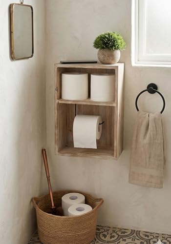 Wall Mount Toilet Paper Holder, Decorative Tissue Paper Roll Dispenser Floating Shelf, Recessed Cubby Box Bracket Cabinet, Storage, Reserve, Organize for Bathroom, Rustic Torch Wood- Grey