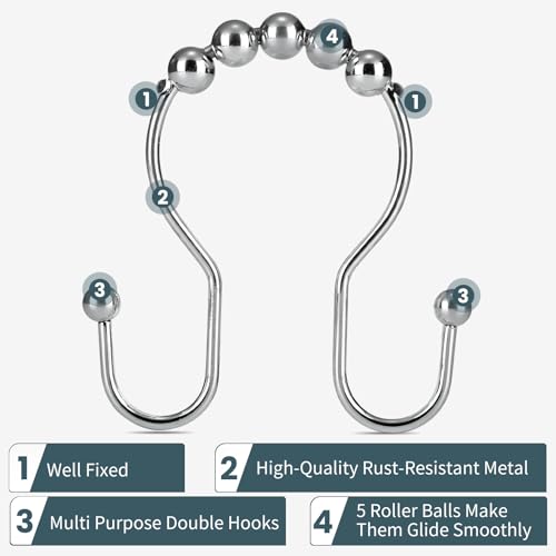 Shower Curtain Hooks, OEH Shower Curtain Rings, Chrome Shower Curtain Hooks Rust Proof, Smooth Gliding Metal Shower Curtain Rings Rust Proof, Double Shower Hooks for Shower Curtain, 12 Pcs, Chrome - color: Chrome, size: Classic Double Hooks