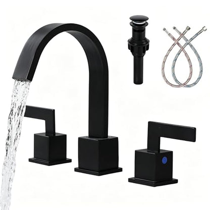 Friho Matte Black Waterfall Bathroom Faucet, 8 Inch Widespread 3 Hole Sink Faucet with 2 Handles, Pop-up Drain & Supply Lines, Stainless Steel Vanity Faucet for Bathroom - style: Thin Square