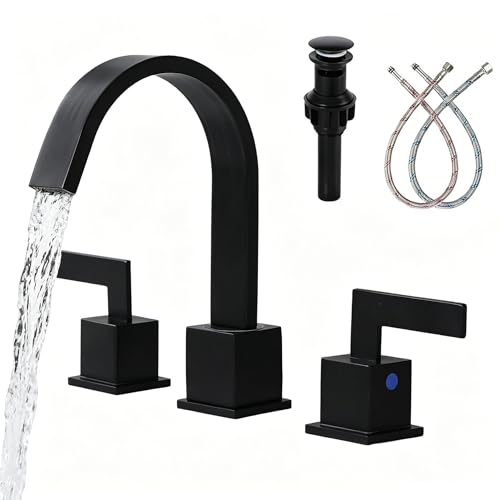 Friho Matte Black Waterfall Bathroom Faucet, 8 Inch Widespread 3 Hole Sink Faucet with 2 Handles, Pop-up Drain & Supply Lines, Stainless Steel Vanity Faucet for Bathroom - style: Thin Square
