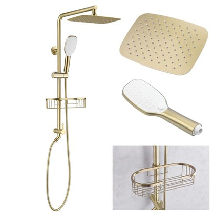 SonTiy Rain Shower Head System with Handheld Spray, 360° Adjustable Shower Arm Exposed Showerhead Kit with Caddy for Whole Family, Brushed Gold - color: Brushed Gold, style: 2.5 Gallons Per Minute-Square