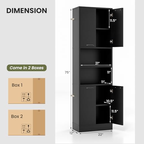 NAFORT Bathroom Storage Cabinet, 75" Freestanding Tall Cupboard with Shelves, Anti-toppling Devices & Non-Slip Foot Pads, Modern Slim Cabinet for Livingroom, Dining Room & Bath Room - color: Black