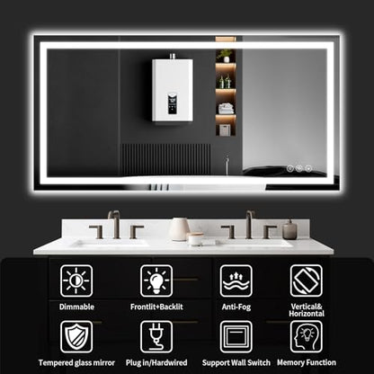 50"x30" LED Bathroom Mirror with Lights, Dimmable，Anti-Fog，Bathroom Vanity Mirror for Wall, Backlit + Front Lit, Memory Function, Shatter-Proof，Tempered Glass - size: 30"L x 50"W