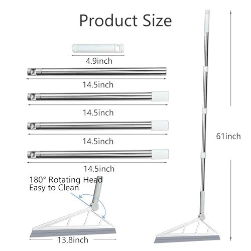 Silicone Air Broom Sweeper Squeegee for Cleaning Pet Hair Grey | Rubber Household Squeegee Push Broom with 61" Long Handle, Indoor Smooth Floor Bathroom Kitchen Glass Shower Clean