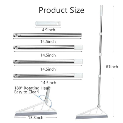 Silicone Air Broom Sweeper Squeegee for Cleaning Pet Hair Grey | Rubber Household Squeegee Push Broom with 61" Long Handle, Indoor Smooth Floor Bathroom Kitchen Glass Shower Clean