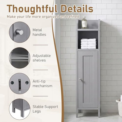 Karl home Grey Corner Storage Cabinet, Slim Freestanding Bathroom Organizer | Slim Single Door Freestanding Cabinet with Adjustable Shelves, Space Saving Toilet Storage for Small Bathroom Spaces