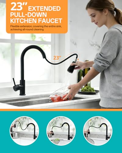 Kitchen Faucet with Pull Down sparyer,Leak Proof, Matte Black | 304 Stainless Steel,10-Min DIY Install,23-Inch Pull-Down Hose,2-Function Spray,360° Swivel Spout - color: Matte Black, size: 15.2 Inches