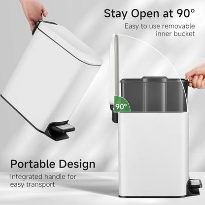 TIPGO Slim Bathroom Trash Can with Lid Soft Close, Step Pedal, 6 Liter / 1.6 Gallon Stainless Steel Garbage Can with Removable Inner Bucket, Anti-Fingerprint Finish (White) - color: White