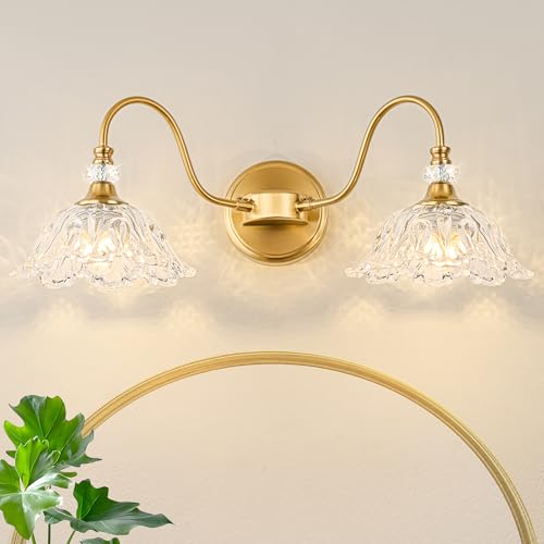 Gold Bathroom Vanity Light, 2-Light Brushed Gold Finish Vanity Light with Floral Clear Glass Shades, Retro Wall Mount Lighting for Bathroom, Dressing Table - color: Gold, size: 2-Light