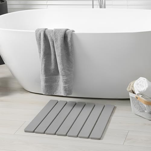 Meowoo Foldable Stone Bath Mat, 15.7"x11.8" Diatomaceous Earth Bath Mat, Non-Slip Quick Dry Bathroom Floor Mats, Super Absorbent, Easy to Clean, Stone Bathroom Floor Mats for Bathtub Front-Light Gray - color: Light Gray, size: 15.7"x11.8"