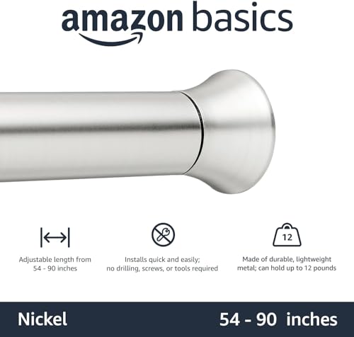 Amazon Basics No Drilling Spring Tension Curtain Rod, Adjustable Length 54-90" Width, Classic Finial, Nickel - color: Nickel, size: 54-90"