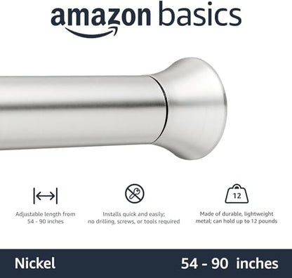 Amazon Basics No Drilling Spring Tension Curtain Rod, Adjustable Length 54-90" Width, Classic Finial, Nickel - color: Nickel, size: 54-90"
