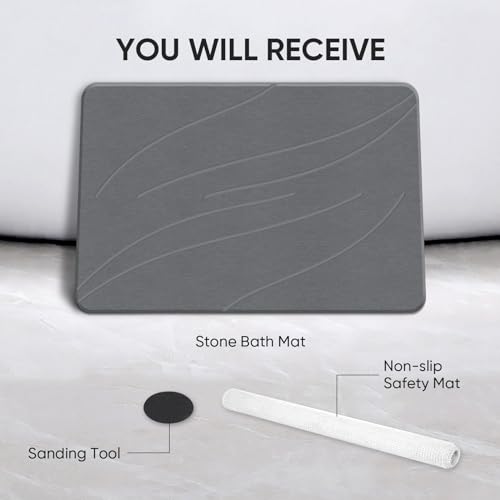 Jiloma Stone Bath Mat Diatomaceous Earth Shower Mat Non-Slip Super Absorbent Bathroom Floor Mat Quick Drying Natural Easy to Clean(24 * 16 Grey)