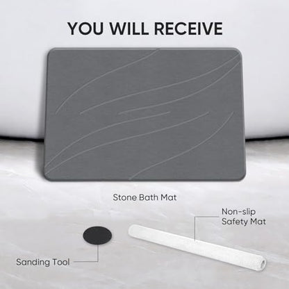 Jiloma Stone Bath Mat Diatomaceous Earth Shower Mat Non-Slip Super Absorbent Bathroom Floor Mat Quick Drying Natural Easy to Clean(24 * 16 Grey)