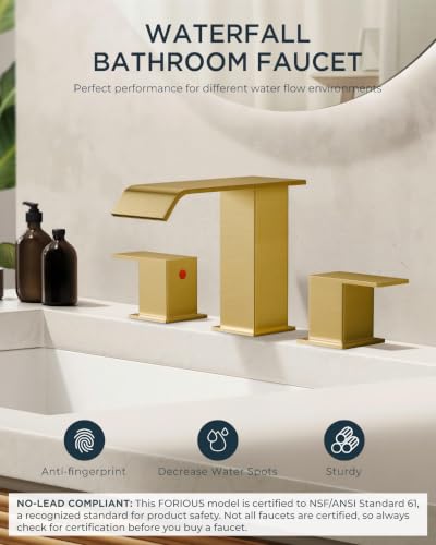 FORIOUS Bathroom Sink Faucets 3 Hole 2 Pack 8 Inch Widespread Brushed Gold | 3-hole 4-12 Inch Widespread Sink, Square Waterfall Spout, with Drain and Hoses,for Vanity Rv Commercial Lavatory Restroom - color: Brushed Gold x2PCS