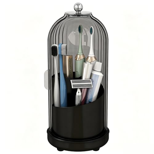 Drainable Toothbrush Toothpaste Holders with Cover, Gray Black | Drainage Holes, Waterproof and Dustproof, 360° Rotating Base, Sliding Door, for Bathroom Counter - color: Gray Black