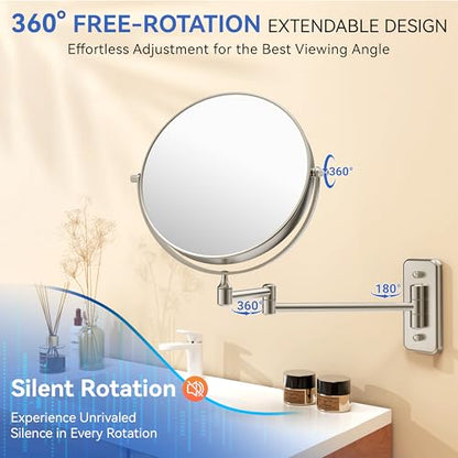 Auxmir 8" Double-Sided Wall-Mounted Makeup Mirror, 1X/30X Magnifying Mirror | stainless steel, 13-inch extendable swivel arm, 360°shaving rotation, bathroom makeup mirror, tweezers, Nickel - color: Nickel-1x/30x
