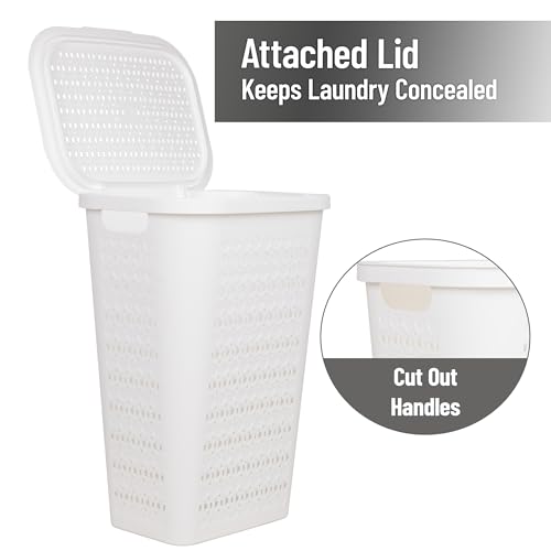 Mind Reader Slim Tapered Laundry Hamper with Lid, Clothes Basket with Swiss Cross Cut-Outs, Lightweight & Ventilated, Plastic, 16.75"L x 12.75"W x 23"H, White - color: White