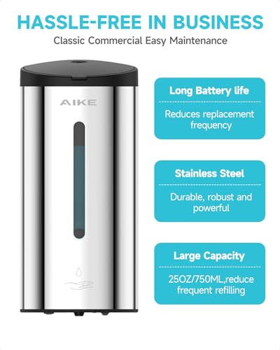 AIKE Automatic Liquid Soap Dispenser,25oz Capacity for Bathroom,Polished | No-Drill and Screw Wall Mount Install Design for Space-Saving,4*AA batteries(Not Included) Ensure Long Standby,Model AK1205E - color: Polished Stainless Steel