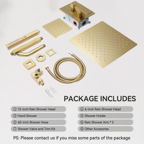 STARBATH Shower Faucet Set Shower System with Diverter Valve, Brushed Gold | 12 Inch Ceiling Mount Rain Shower Head, 6 Inch Wall Mount Rainfall Shower Head and 2-in-1 Handheld Spray for Two Person - color: Gold, size: 12"+6"-03