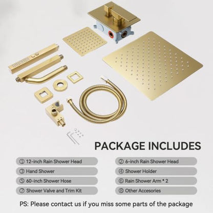 STARBATH Shower Faucet Set Shower System with Diverter Valve, Brushed Gold | 12 Inch Ceiling Mount Rain Shower Head, 6 Inch Wall Mount Rainfall Shower Head and 2-in-1 Handheld Spray for Two Person - color: Gold, size: 12"+6"-03
