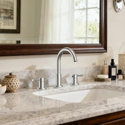 FORIOUS Bathroom Faucet 3 Hole, 360° Swivel 8" Sink Faucet Brushed Nickel | with Pop Up Drain, 2 Handles,for Sink Vanity RV Lavatory Farmhouse, 304 Stainless Steel, Lead-free, Leakproof - color: Stainless Steel