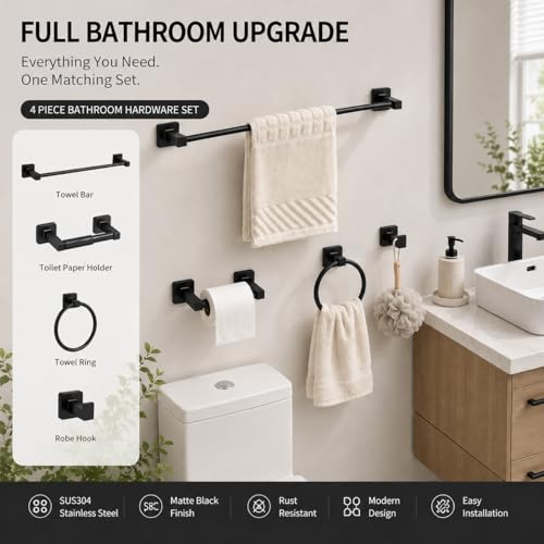 Matte Black Bathroom Hardware Set 4 Pieces,Bathroom Accessories Set Stainless Steel Wall Mounted, Hand Towel Bar, Towel Ring, Robe Towel Hooks,Toilet Paper Holder,Towel Bar Set, 23.6 Inch - color: Matte Black, size: 23.6Inch