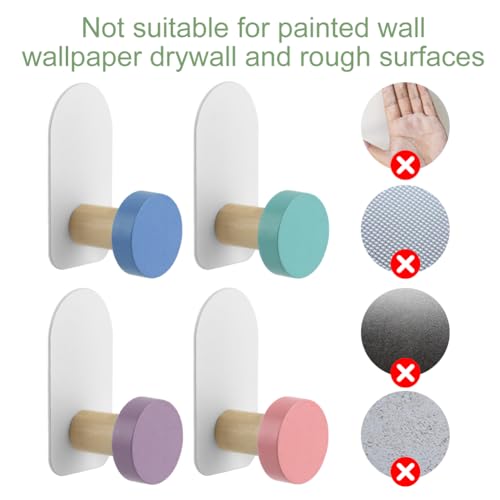 5Pcs Self Adhesive Hooks, Wooden Coat Hook in Animal Shapes, Multi Purpose Stick on Hooks Holder Wall Hook Door Hooks for Tea Towel Coat Kitchen Bathroom(Macaron Round)