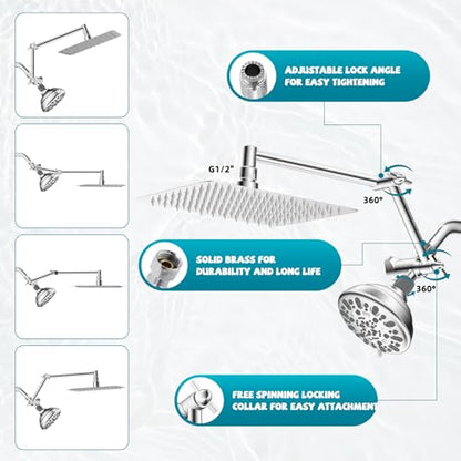 All Metal Shower Head, 10" High Pressure Dual Rainfall/Handheld Shower Head Combo with 16" Adjustable Shower Extension Arm, 7 Spray Modes Fixed Showerhead, 3-Way Diverter Valve, Chrome - color: Chrome, style: Square