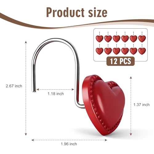 BBV Shower Curtain Hooks Rings for Valentine's Day, 12 Pcs Stainless Steel Glide Shower Hooks for Bathroom Shower Rods Curtains (RED) - color: Red