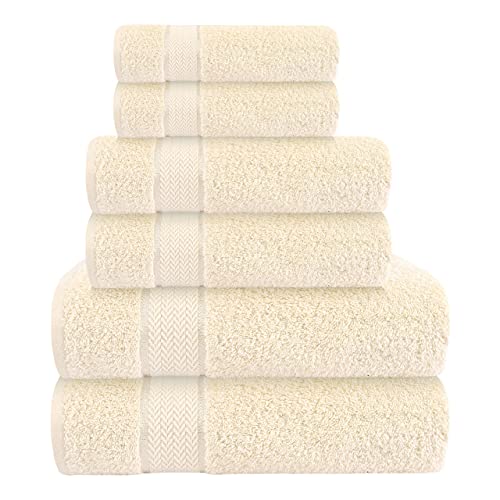 6 Piece 100% Cotton Bath Towel Set -2 Bath 2 Hand 2 Face, Cream | 100% Cotton • Thick & Plush • Hotel Quality • Ultra Soft • Highly Absorbent • Quick Dry • Low Lint • Machine Washable - color: Cream