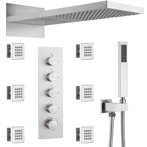Luxury Thermostatic Rain & Waterfall Shower System with 22” Rain Shower Head & 6 Body Jets, Wall Mounted Shower Faucet Sets with Handheld Sprayer, 3/4” Inlet Thermostatic Valve - color: Brushed Nickel