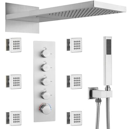 Luxury Thermostatic Rain & Waterfall Shower System with 22” Rain Shower Head & 6 Body Jets, Wall Mounted Shower Faucet Sets with Handheld Sprayer, 3/4” Inlet Thermostatic Valve - color: Brushed Nickel