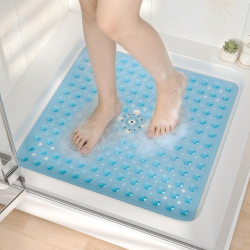 HITSLAM 21x21 Inch Square Shower Mat Non Slip, Anti Slip Bathtub Mat with Strong Suction Cups & Drainage Holes, Machine Washable Bathroom Floor Mat for Inside Shower Stall and Tub, Blue - color: Blue