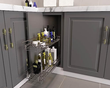 OCG Slide Out Cabinet Organizer for Narrow Cabinet (5" W X 17" D), 2 Tier Pull Out Shelves Slim Sliding Cabinet Organizer and Storage, Chrome - size: 5W17D