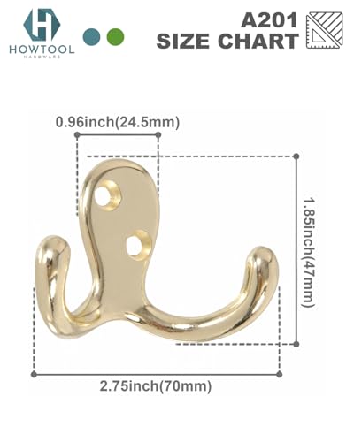 Brass Double Robe Hook 5 Pack with Screws Towel Coat Hat - color: Brass