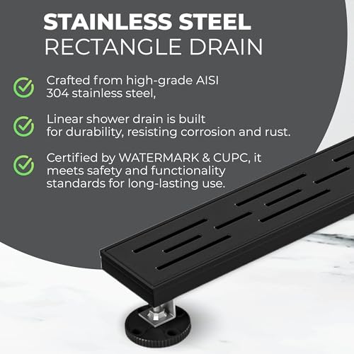 24 Inch Linear Shower Drain - Removable Brick Pattern Grate | 304 Stainless Steel Rectangular Floor Drain Set with Hair Catcher, Adjustable Leveling Feet & Adapter - color: Matte Black With Grate, size: 24 Inch