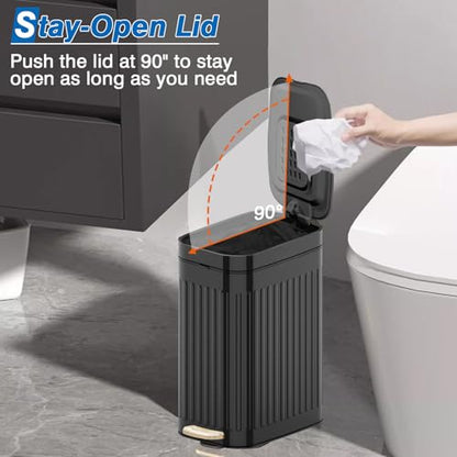 Small Bathroom Trash Can with Air Freshener Soft Close Lid, 6 Liter/ 1.6 Gallon Stainless Steel Garbage Can with Removable Inner Bucket, Step Pedal, Slim Wastebasket for Bedroom, Toilet, Office,Black - color: Black/1.6 Gal