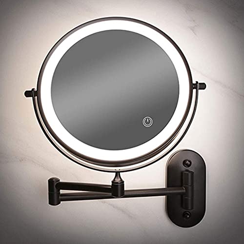 8'' Wall Mounted Makeup Mirror Black USB Rechargeable Double Sided with 3 Tones LED Lights 1x/5x Magnifying Bathroom Mirror for Shaving Extendable Arm Touch Control1X/5X