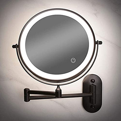 8'' Wall Mounted Makeup Mirror Black USB Rechargeable Double Sided with 3 Tones LED Lights 1x/5x Magnifying Bathroom Mirror for Shaving Extendable Arm Touch Control1X/5X