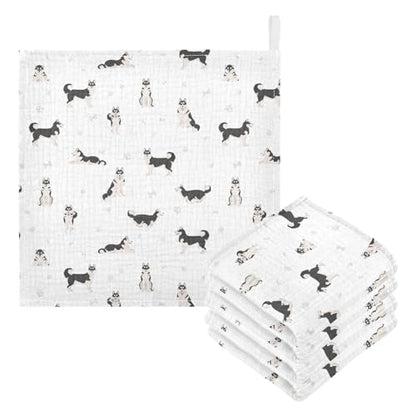 Baby Siberian Husky Dog Msulin Washcloths Newborn Face Towel - Baby Muslin Burp Cloths 5 Pack Soft Absorbent Natural Cotton Wash Towel 11.8"X11.8" Baby Bath Towels Wipes - size: one sizex5