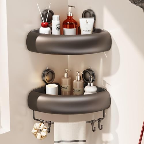 CICUFY Shower Caddy Suction Cup, 2 Pack No Drilling Corner Shower Shelves, Rust Proof Bathroom Storage Organizer, Shower Corner Caddy with Removable Hooks and Towel Bar, Triangle, Grey - style: Triangle Gray (2 Pack )