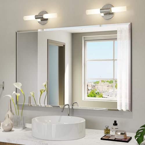 Frameless Bathroom Mirror 32"x48", Beveled Bathroom Mirror | 4mm Tempered Glass Shatterproof Wall Mount Mirrors for Bathroom Vanity Bedroom Entryway, Hangs Horizontally or Vertically - size: 48"L x 32"W